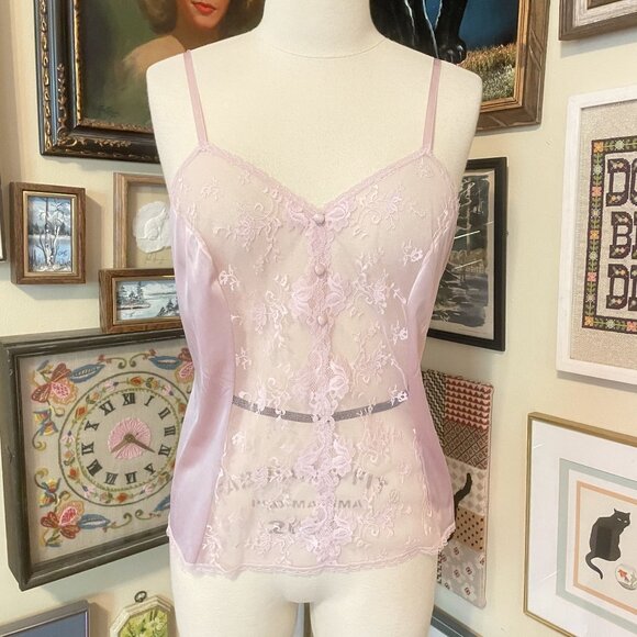 80s Vintage Sheer Lilac Lace Nylon Camisole Top with Adjustable Straps Size XL - Picture 1 of 5
